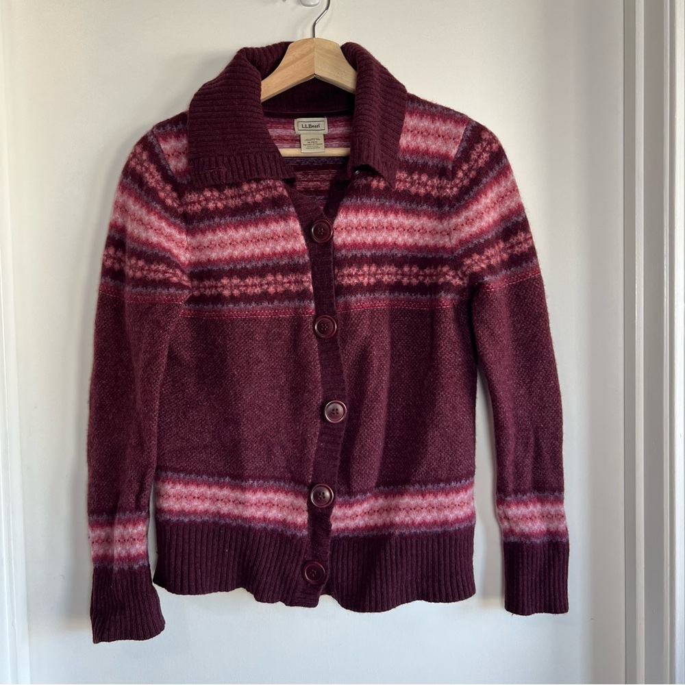 Vintage LL Bean Wool Fair Isleโ Button Up Cardigan Purple Pink, Size Medium